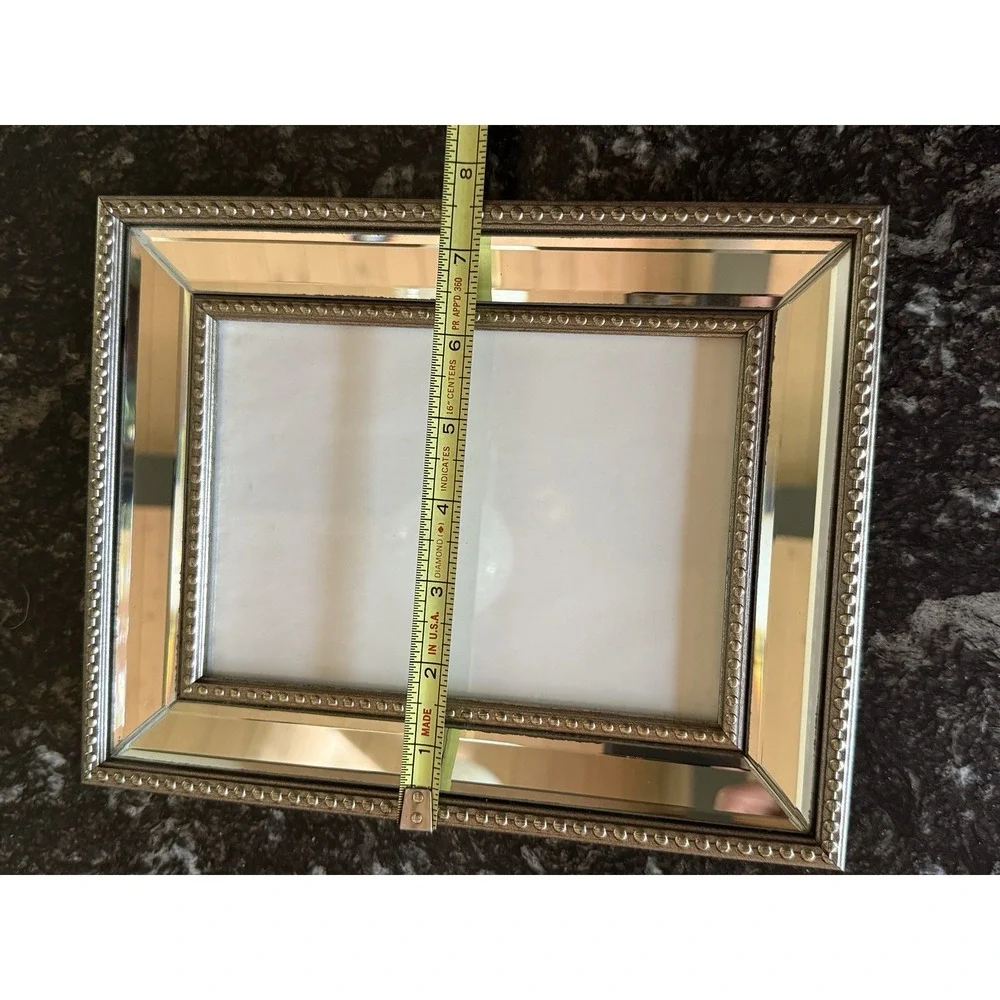 Mirrored 5x7 Photo Frame Beveled Glass Champagne Gold Beaded Trim Vintage Glam